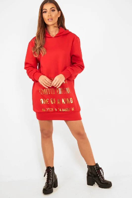 Time-Limited Offer Red Gold New York Slogan Hoodie Dress - Sophira