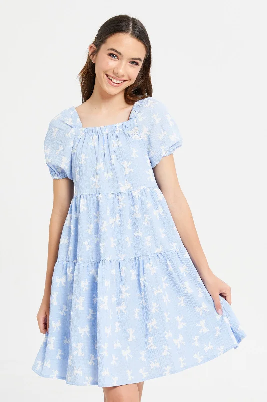 Limited Time Senior Girls Blue And White Bow Jacquard Tiered Dress