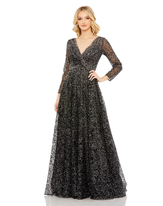 Value Deals Embellished Illusion Long Sleeve V Neck Gown
