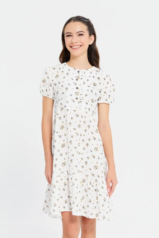 Don't Wait Senior Girls White Printed Dress