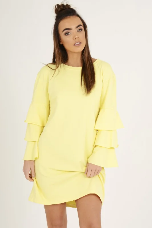 Savings Galore Yellow Frilled Sleeve Swing Dress - Aaria