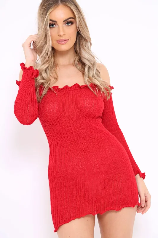 Special Price Red Knitted Bardot Frill Dress - Leisha