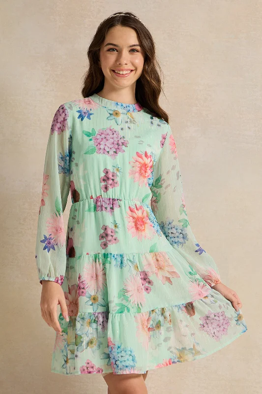 Exclusive Offers Senior Girls Green Printed Tiered Dress