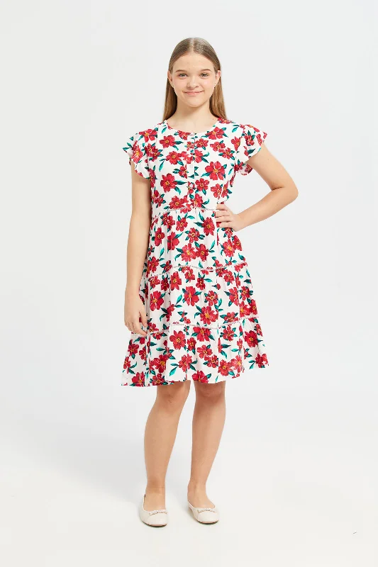 Hurry In Senior Girls White And Red Floral Print Tiered Dress