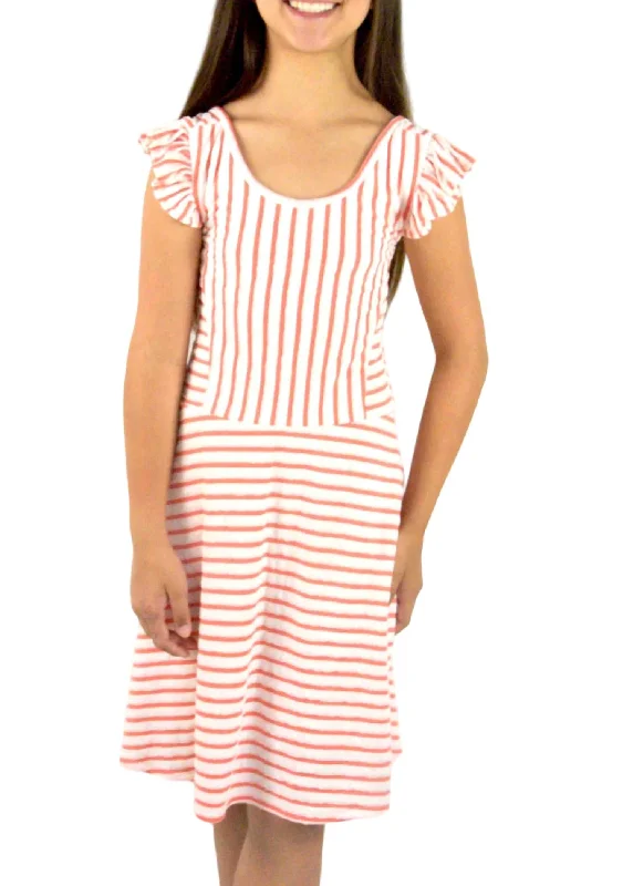 Final Markdown Girls Striped Midi Dresses In Orange/ivory