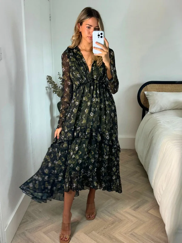 Act Now Birdie Frill Tie Back Dress / Blurred Khaki Floral