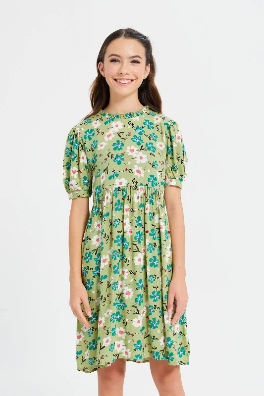 Final Markdown Senior Girls Green Floral Print Dress