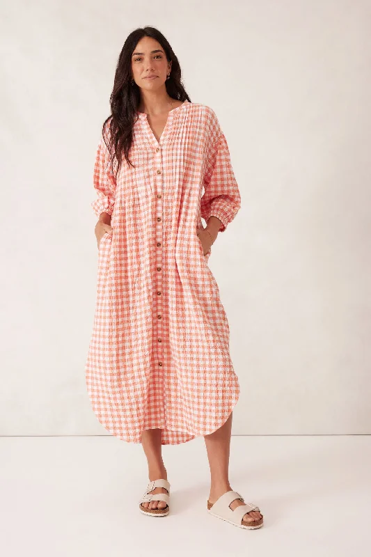 Don't Wait Crinkle Midi Dress - Coral Gingham