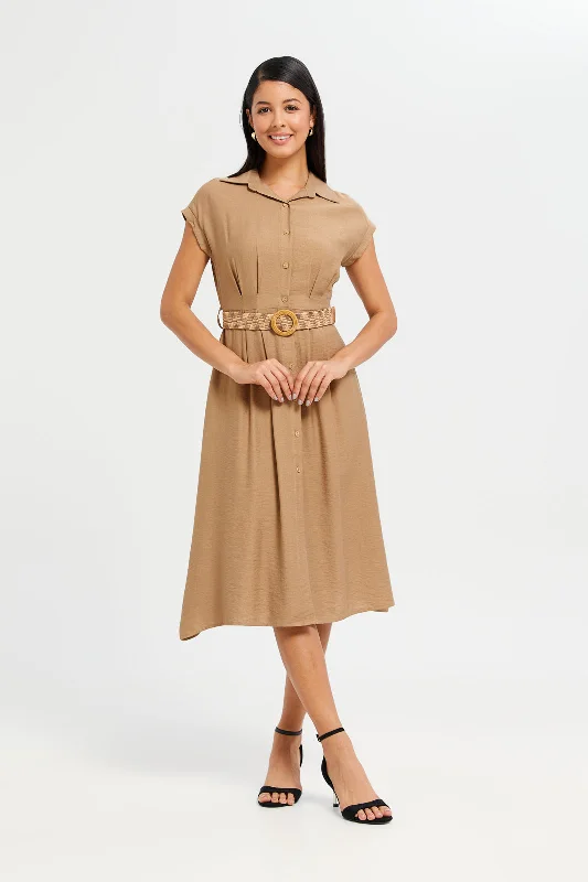Great Bargains Women Tan Belted Shirt Dress