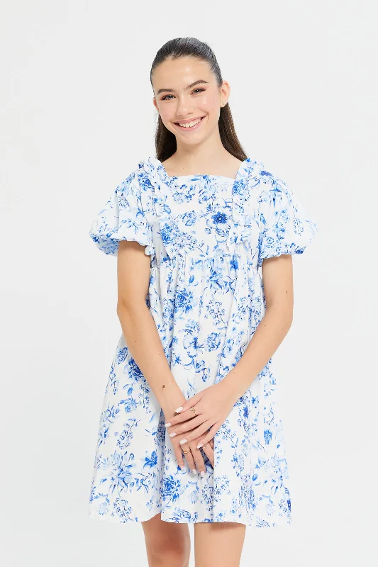 Hurry In Senior Girls White And Blue Printed Dress