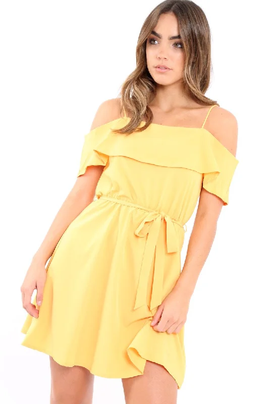 Buy More, Save More Yellow Cold Shoulder Frill Tie Waist Dress - Selah