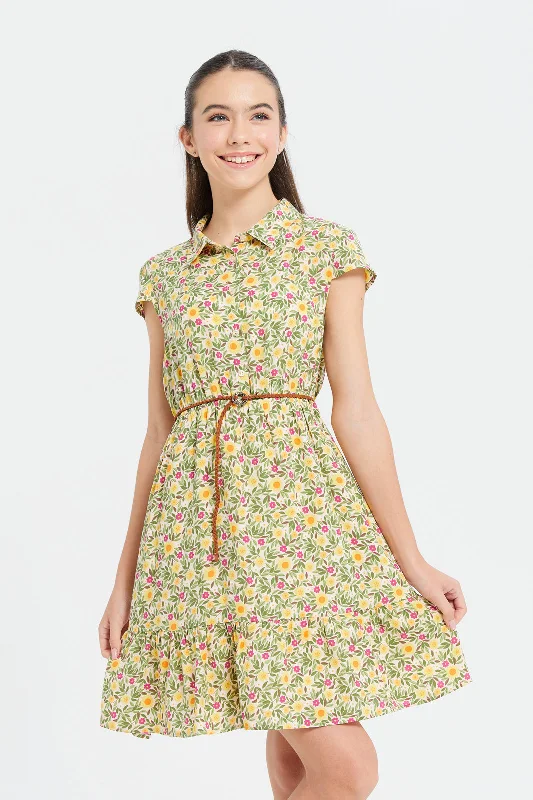 Fantastic Offers Senior Girls Yellow Printed Dress With Belt