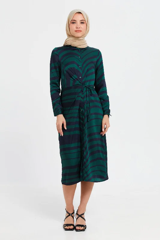 Extra Savings Women Green Printed Dress With Tie Detail At Front