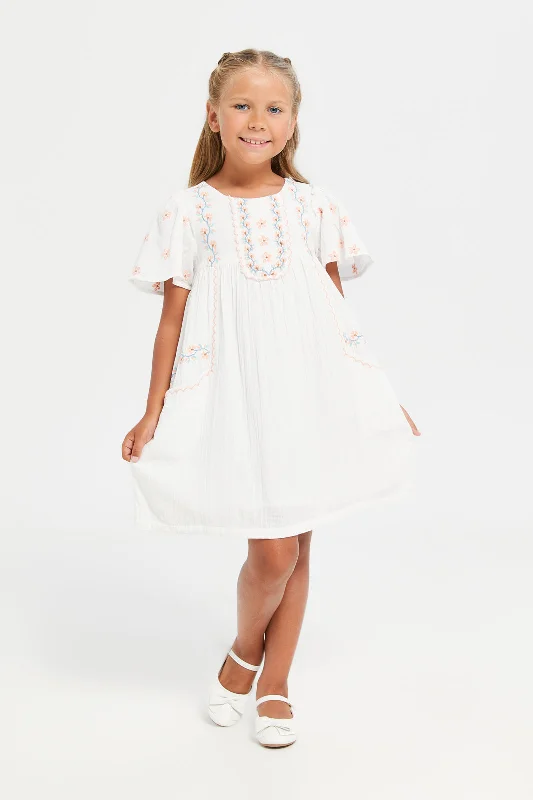 Final Sale Girls White Double Embroidered Dress