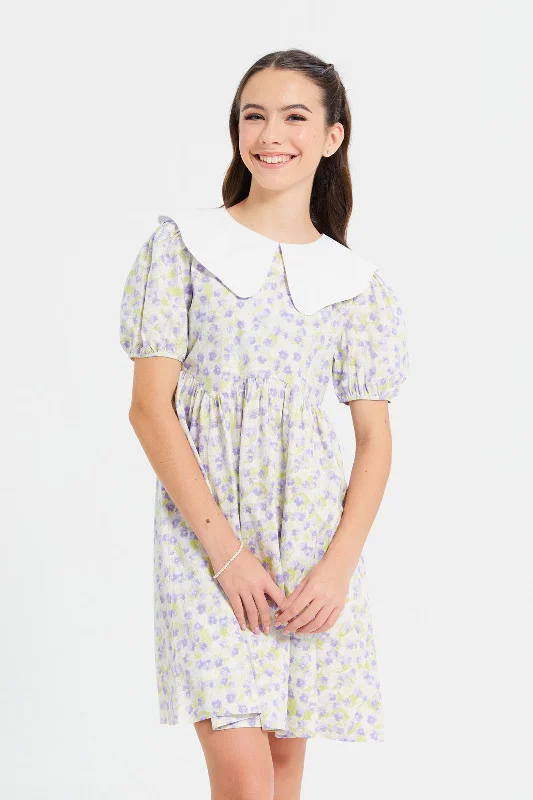 Can't Miss Senior Girls Purple And White Floral Printed Dress