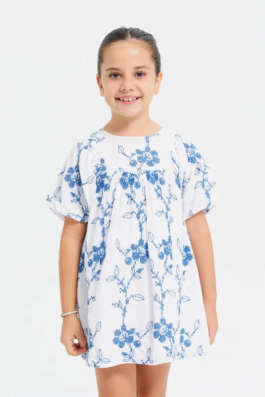 Mega Sale Girls White And Blue Embroidered Dress