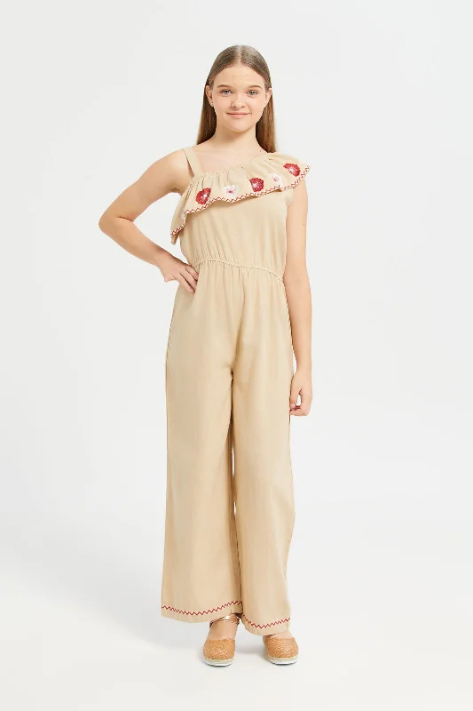 Exclusive Offers Senior Girls Beige Jumpsuit With Floral Embroidery