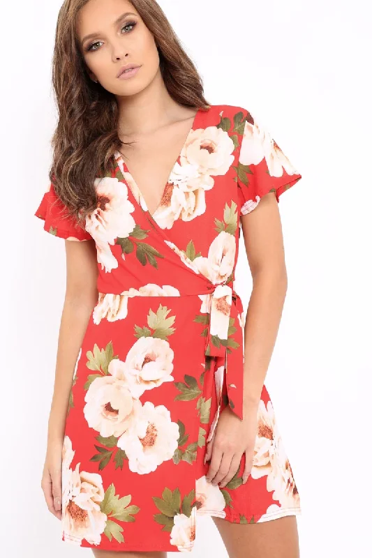 Weekend Special Red Floral Print Wrap Dress - Norie