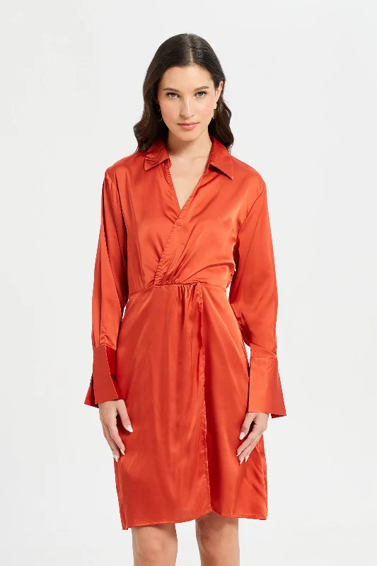 Mega Sale Woman Orange Satin Collared Dress