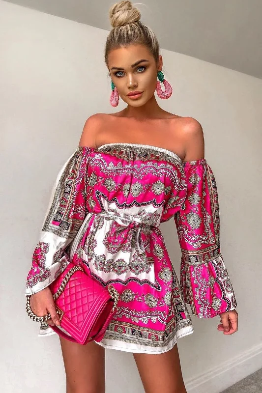 Limited Time Offer White Pink Bardot Belted Scarf Print Dress - Kessa