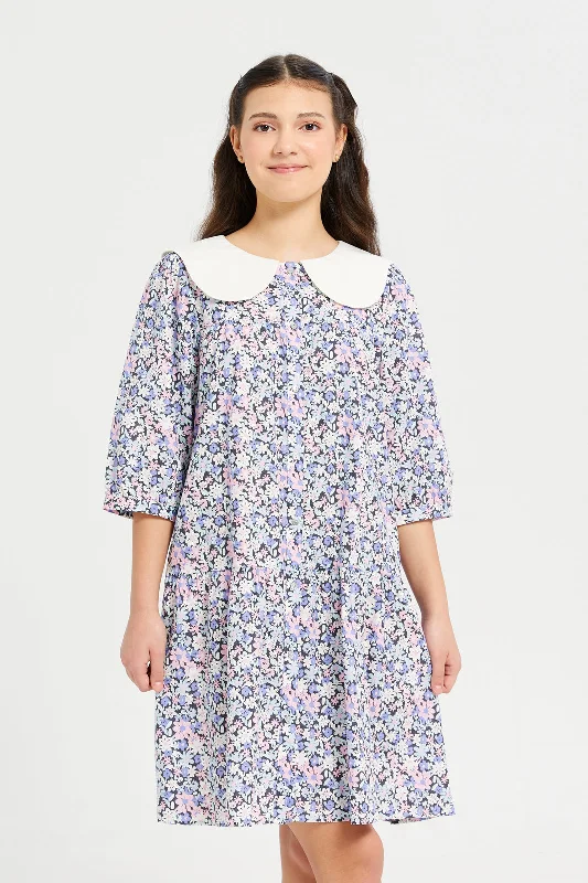 Overstock Sale Senior Girls White And Blue Floral Print Dress