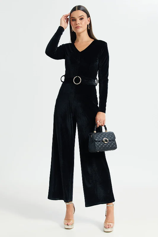Deal Zone Women Black Velvet Jumpsuit