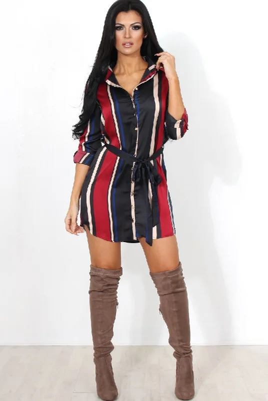 One-DAY Sale Lizzy Wine Striped Shirt Dress