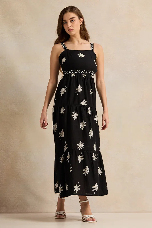 Extra Savings Women Black Embroidered Palm Pint Strap Dress