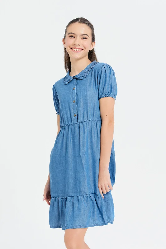 Take Advantage Senor Girls Blue Tiered Denim Dress
