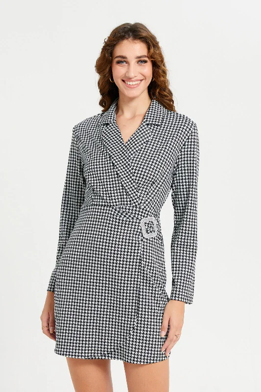 Exclusive Preview Women Black And White Checked Wrap Buckle Dress