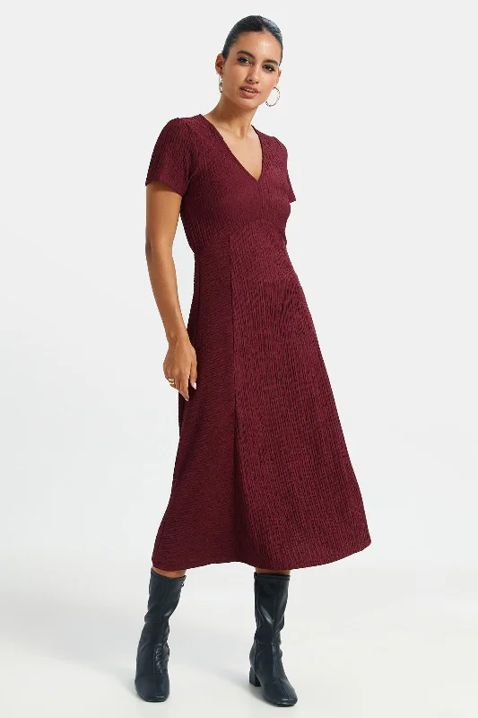 Stock Up and Save Women Burgundy V-Neck Dress