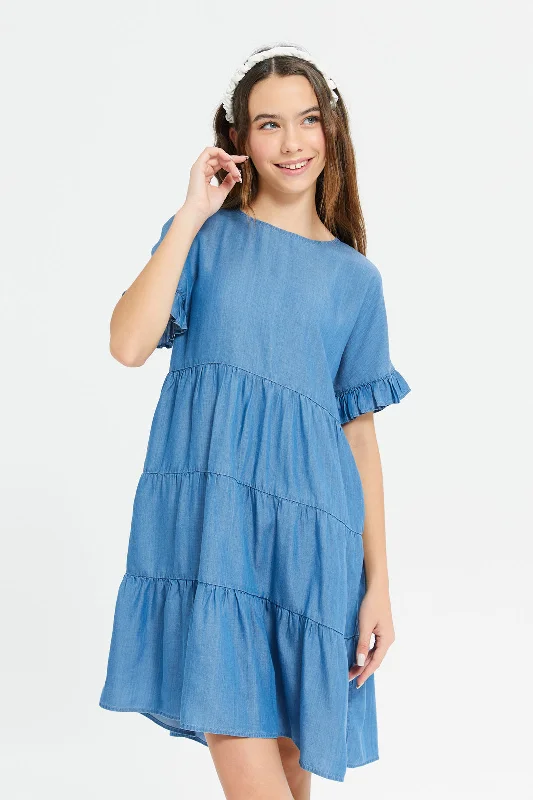 Limited Availability Senior Girls Blue Tiered Denim Dress