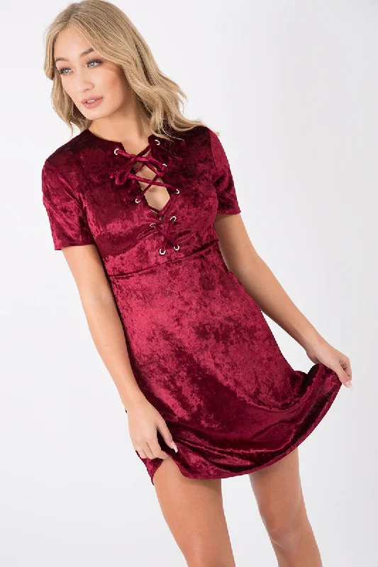 Online Specials Wine Velvet Lace Up Skater Dress - Taylah