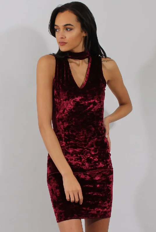 Buy Now Wine Crushed Velvet Choker Dress - Serina