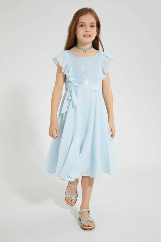 Final Markdown Blue Sequined Belted Dress