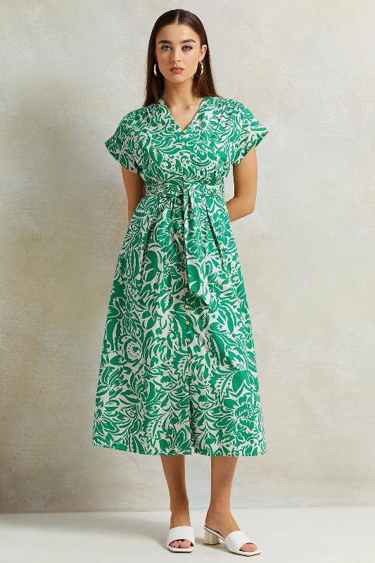 Price Drop Women Green Printed Poplin Dress