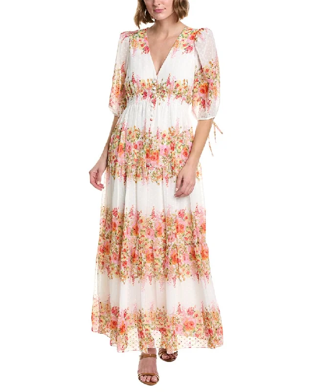 Closeout Taylor Printed Swiss Dot Chiffon Maxi Dress