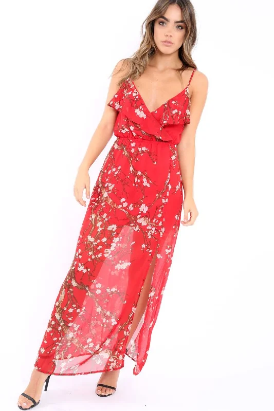 Stock Up and Save Red Floral Maxi Dress with Frill - Zaila