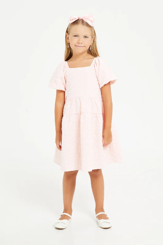Markdown Madness Girls Pink Jacquard Puff Sleeve Dress