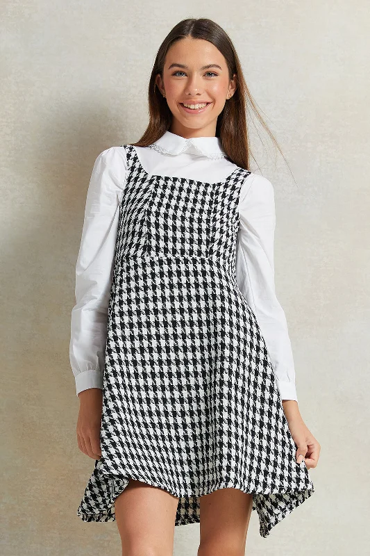 Exclusive Access Girls Black And White  tweed Houndstooth Print Sleeveless Dress
