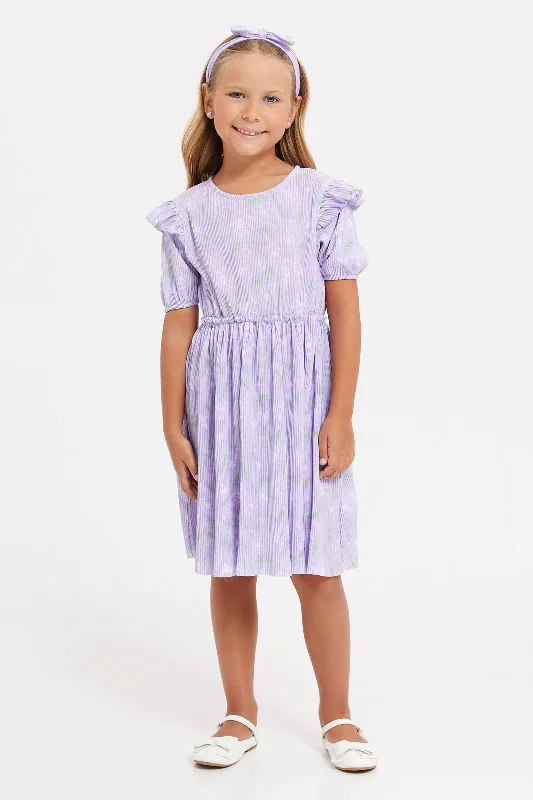 Sneak Peek Sale Girls Lilac Printed Tiered Dress With Headband