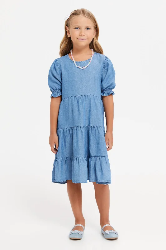 Blowout Sale Girls Blue Tiered Dress
