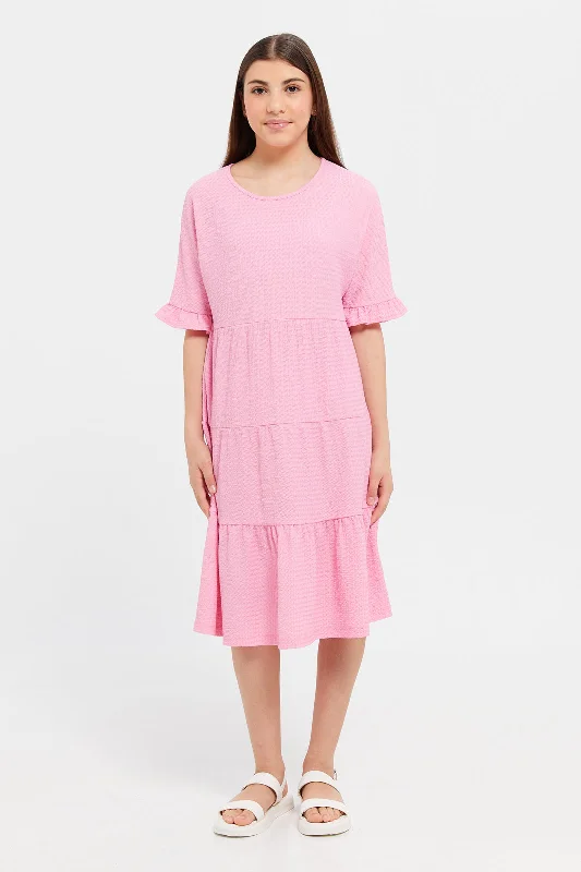 The Best Prices Senior Girls Pink Tiered Jacquard Dress