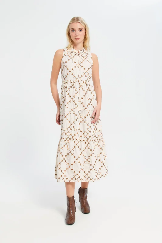 Don't Wait Women Beige Embroidered Sleeveless Tiered Dress
