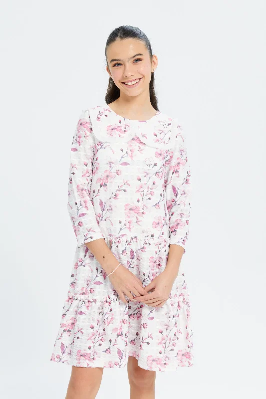 Lowest Price Senior Girls White And Pink Floral Peter Pan Collar Dress