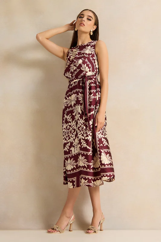 Instant Discount Women Burgundy Printed Dress