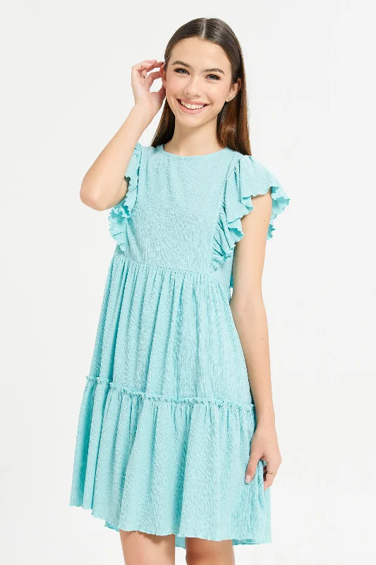 Online Only Senior Girls Teal Ruffled Sleeve Tiered Dress