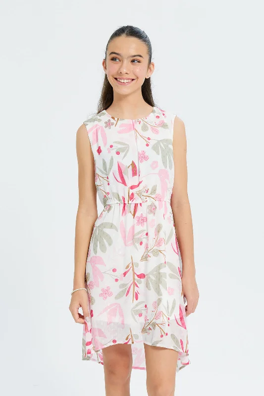 New Markdowns Senior Girls White Floral Dobby High low Dress