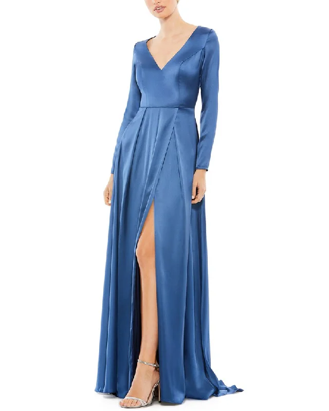 Final Clearance Mac Duggal Satin V-Neck Pleated Gown