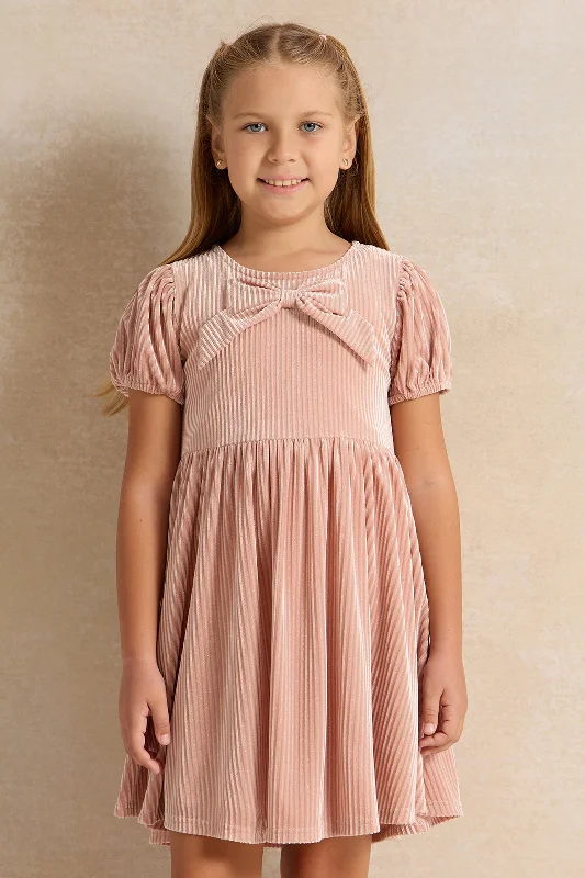 Price Buster Girls Pink Velour Dress With Bow